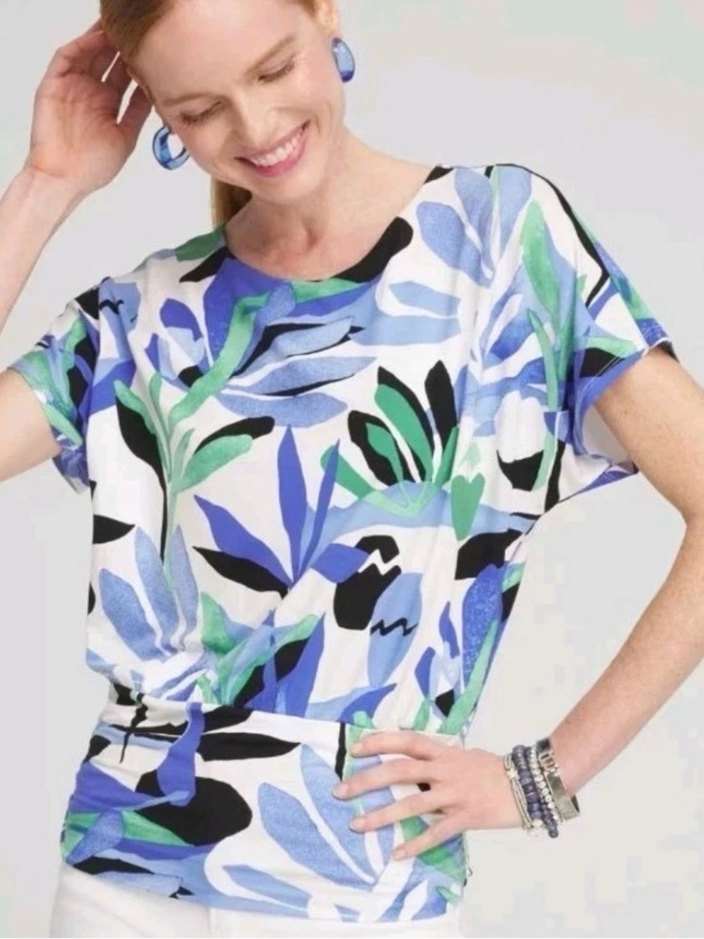 CHICO'S Touch of Cool Tropic Banded Bottom Top Blouse Sz 1 US M Beach Vacation